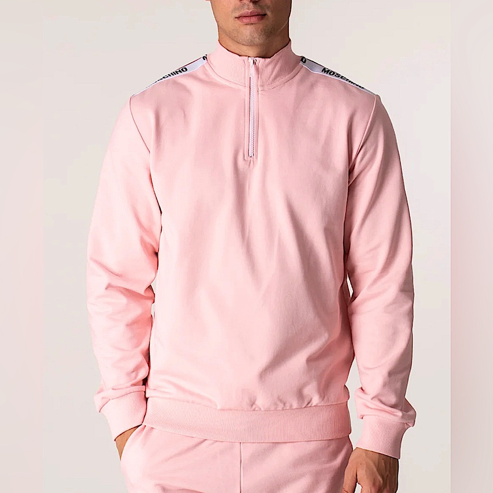 MOSCHINO Quarter Zip Taped Pink Sweatshirt